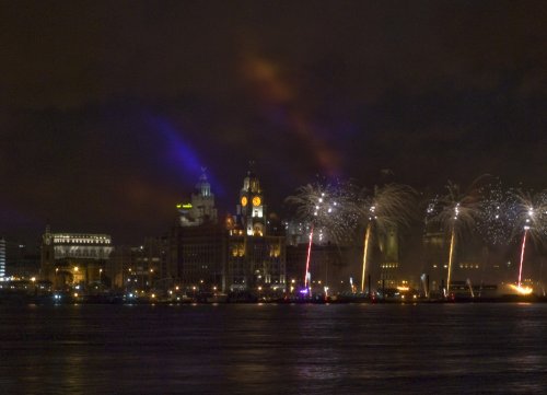F062-09 Liverpool UNESCO World Heritage Site Liverpool Waterfront lit with Fireworks Guy Woodland 1989-2011