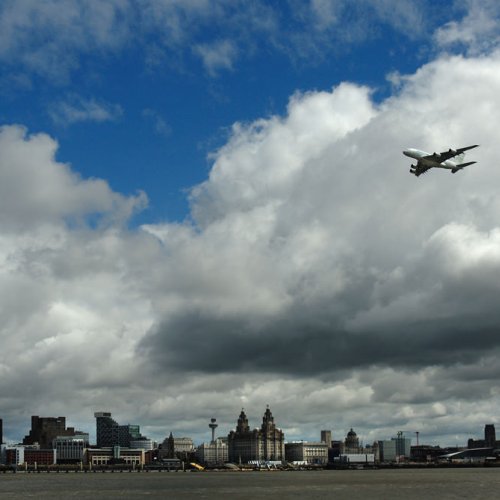 G107-13 Liverpool UNESCO World Heritage Site Liverpool Waterfront - fly past by the new Airbus A380 Guy Woodland 1989-2011